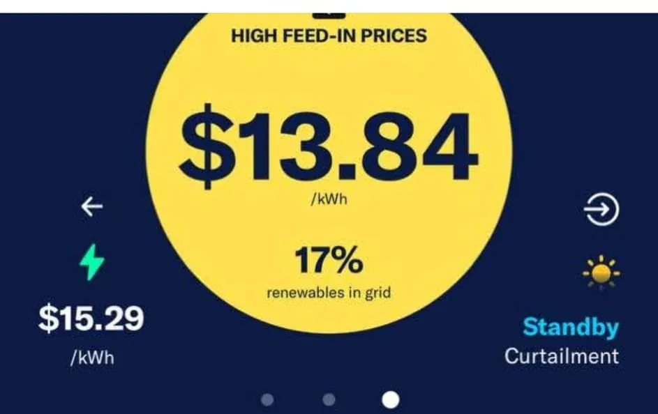 Customer's own VPP app showing a feed-in price spike of $13.84 per kilowatt hour